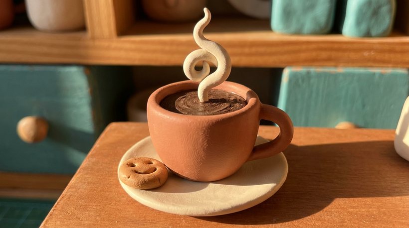 A clay cup of coffee, the picture for today's word