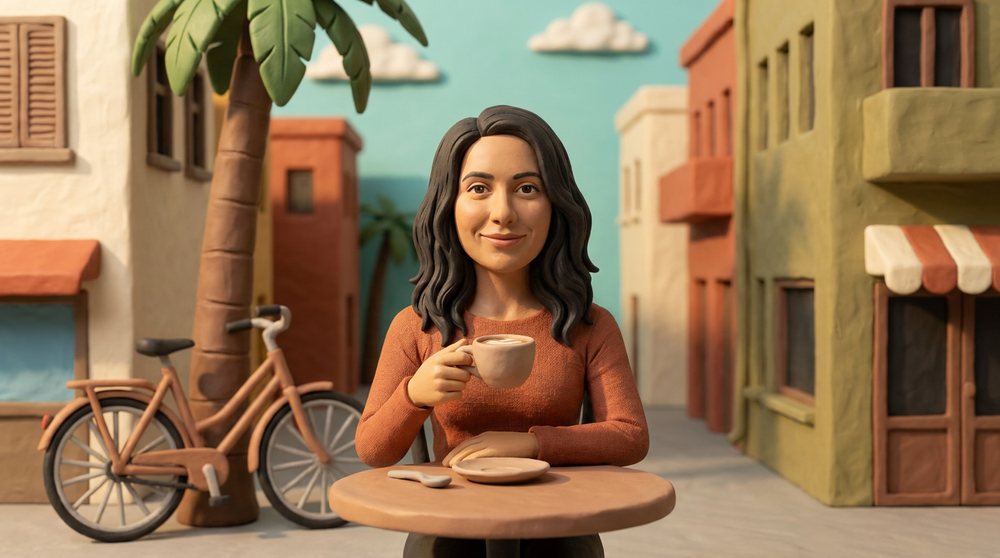 Maya, the baba Hebrew tutor, at a café table on a Tel Aviv street